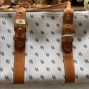 Dooney & Bourke White & Blue Tote Bag with Leather Trim, preowned